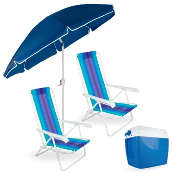 Kit 2 Cadeiras Praia + Guarda Sol Articulado 2,50 M com Manivela + Caixa Trmica 34 L C/Ala Piscina