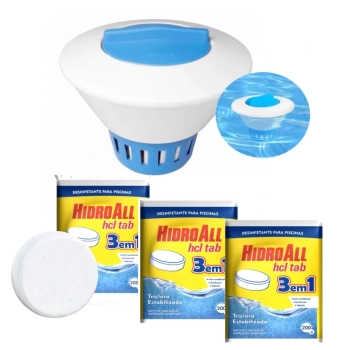 Kit Clorador Flutuante para Piscina + 3 Pastilhas de Cloro 3x1