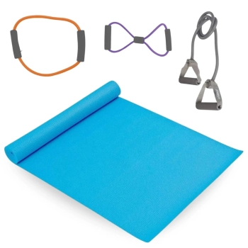 Kit 3 Extensores Multi Funo Tenso Leve, Media e Forte + Colchonete Azul para Treino Exercicios