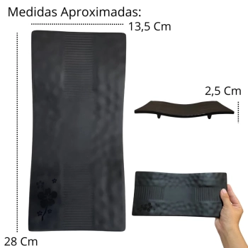 Travessa Retangular Curvada 28 Cm Kanpai Preta para Restaurante Japons Sushi Melamina Premium