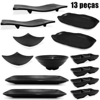Kit Sushi 13 Peas em Melamina / Plstico Preto Travessas e Molheiras