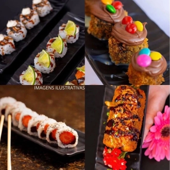 Travessa Estriada para Sushi Kanpai Restaurante Comida Japonesa Oriental Melamina Preta