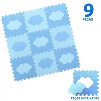 Kit Tapete Infantil com 9 Peas de Nuvem Azul + 9 Peas de Corao Rosa