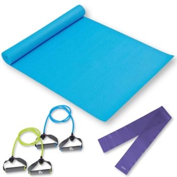 Kit com 2 Extensores Forte e Mdio + Colchonete Tapete Yoga + Faixa Elstica Mdia Treino