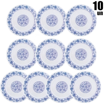 Prato Raso para Sobremesa 20cm em Melamina / Plstico Decorado Branco 10 Unidades