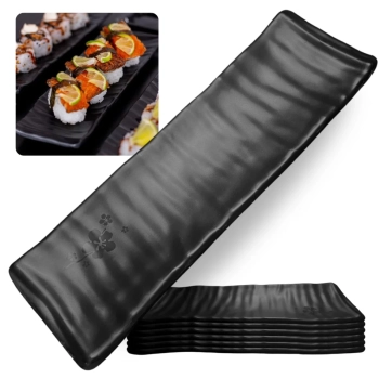 Kit 6 Travessas Estriada para Sushi Kanpai Restaurante Comida Japonesa Oriental Melamina Preta