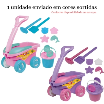 Brinquedo Infantil de Praia Areia Carrinho Cargo com Balde, Pazinha, Rastelo 11 Peas Rosa