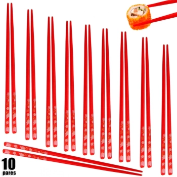 Kit 10 Pares de Hashi para Comida Japonesa 22 Cm Vermelho Decorado
