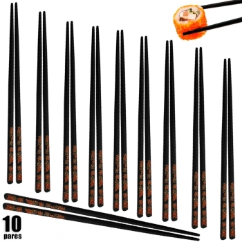 Kit 10 Pares de Hashi para Comida Japonesa 22 Cm Preto Decorado