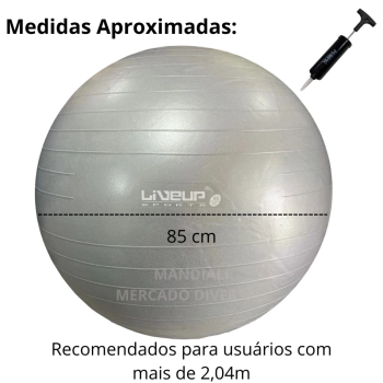 Bola Suia de Pilates Premium Anti Estouro 85 Cm Cinza + Mini Bomba Treino Academia Yoga Exercicios