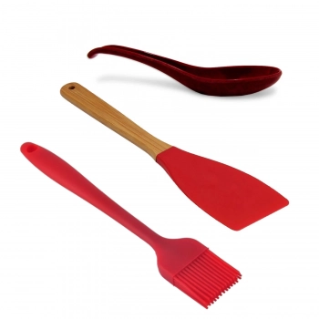 Kit Cozinha com Esptula Bambu + Pincel de Silicone + Colher Vermelha