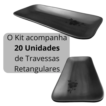 Kit 20 Travessas 27,5 Cm Retangular Kanpai com Borda Melamina Premium Restaurante Japons