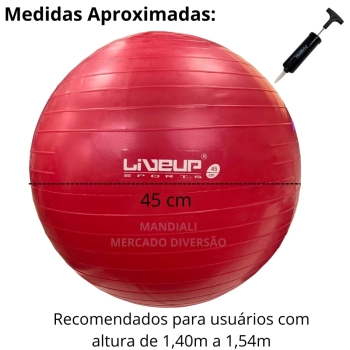 Bola Suia de Pilates Premium Anti Estouro 45cm Vermelha + Mini Bomba Treino Academia Yoga Exercicios