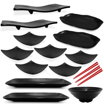 Kit 16 Peas para Sushi em Melamina / Plstico com Travessas Pratos e Hashis